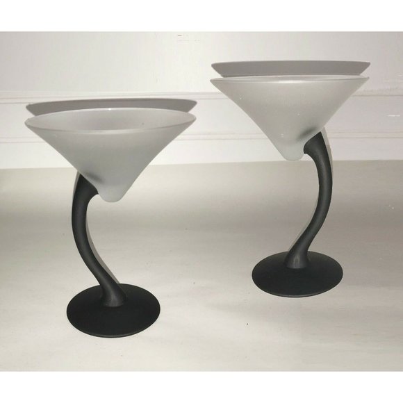 Pair of Frosted Glass MARTINI GLASSES w BLACK Swerve Stem Modern - Picture 1 of 10